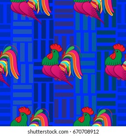 Beautiful colorful rooster. Endless pattern. Background Fantastic Beasts.
