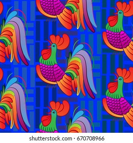 Beautiful colorful rooster. Endless pattern. Background Fantastic Beasts.