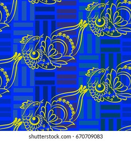 Beautiful colorful rooster. Endless pattern. Background Fantastic Beasts.
