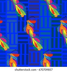 Beautiful colorful rooster. Endless pattern. Background Fantastic Beasts.