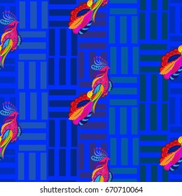 Beautiful colorful rooster. Endless pattern. Background Fantastic Beasts.