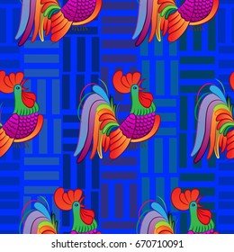 Beautiful colorful rooster. Endless pattern. Background Fantastic Beasts.