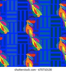 Beautiful colorful rooster. Endless pattern. Background Fantastic Beasts.