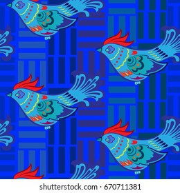 Beautiful colorful rooster. Endless pattern. Background Fantastic Beasts.