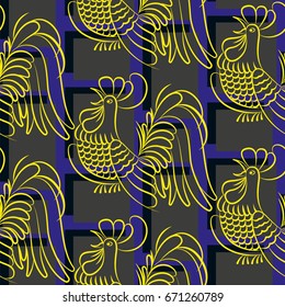 Beautiful colorful rooster. Endless pattern. Background Fantastic Beasts.