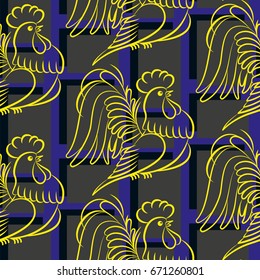 Beautiful colorful rooster. Endless pattern. Background Fantastic Beasts.