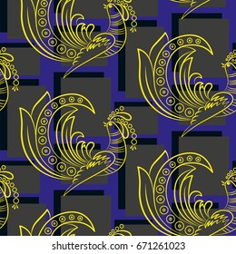 Beautiful colorful rooster. Endless pattern. Background Fantastic Beasts.