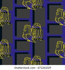 Beautiful colorful rooster. Endless pattern. Background Fantastic Beasts.