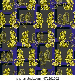 Beautiful colorful rooster. Endless pattern. Background Fantastic Beasts.
