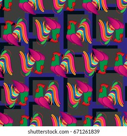 Beautiful colorful rooster. Endless pattern. Background Fantastic Beasts.