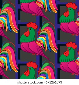 Beautiful colorful rooster. Endless pattern. Background Fantastic Beasts.
