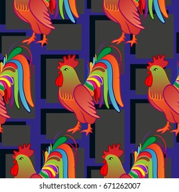 Beautiful colorful rooster. Endless pattern. Background Fantastic Beasts.