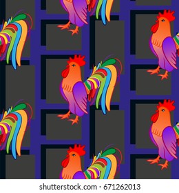 Beautiful colorful rooster. Endless pattern. Background Fantastic Beasts.