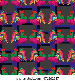 Beautiful colorful rooster. Endless pattern. Background Fantastic Beasts.