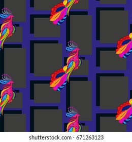 Beautiful colorful rooster. Endless pattern. Background Fantastic Beasts.