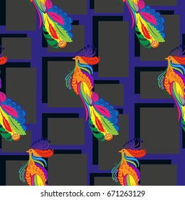 Beautiful colorful rooster. Endless pattern. Background Fantastic Beasts.