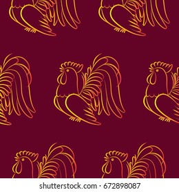 Beautiful colorful rooster. Endless pattern. Background Fantastic Beasts.