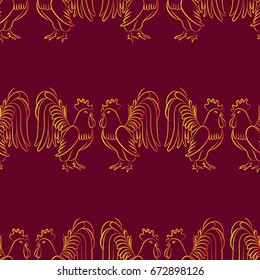 Beautiful colorful rooster. Endless pattern. Background Fantastic Beasts.
