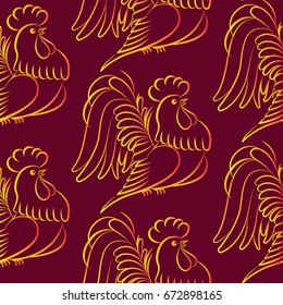 Beautiful colorful rooster. Endless pattern. Background Fantastic Beasts.