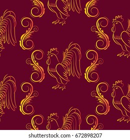 Beautiful colorful rooster. Endless pattern. Background Fantastic Beasts.