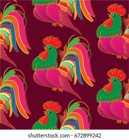 Beautiful colorful rooster. Endless pattern. Background Fantastic Beasts.