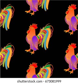 Beautiful colorful rooster. Endless pattern. Background Fantastic Beasts.