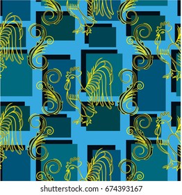 Beautiful colorful rooster. Endless pattern. Background Fantastic Beasts.