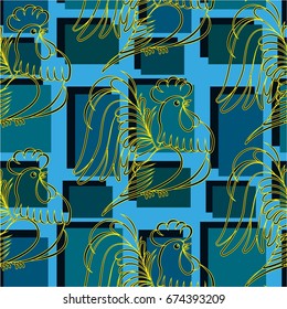 Beautiful colorful rooster. Endless pattern. Background Fantastic Beasts.