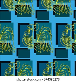 Beautiful colorful rooster. Endless pattern. Background Fantastic Beasts.