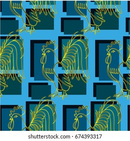Beautiful colorful rooster. Endless pattern. Background Fantastic Beasts.