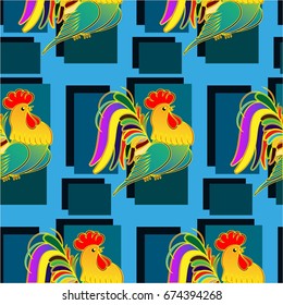 Beautiful colorful rooster. Endless pattern. Background Fantastic Beasts.
