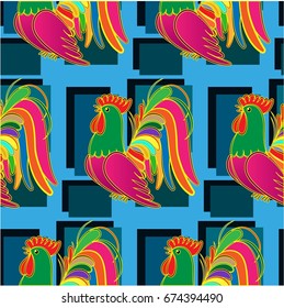 Beautiful colorful rooster. Endless pattern. Background Fantastic Beasts.