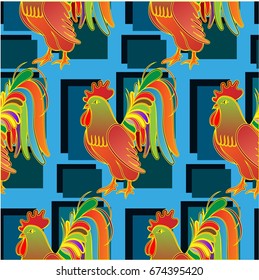 Beautiful colorful rooster. Endless pattern. Background Fantastic Beasts.