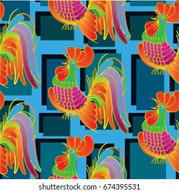 Beautiful colorful rooster. Endless pattern. Background Fantastic Beasts.