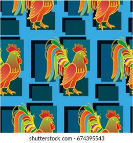Beautiful colorful rooster. Endless pattern. Background Fantastic Beasts.