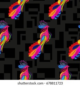 Beautiful colorful rooster. Endless pattern. Background Fantastic Beasts.