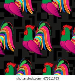 Beautiful colorful rooster. Endless pattern. Background Fantastic Beasts.