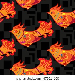 Beautiful colorful rooster. Endless pattern. Background Fantastic Beasts.
