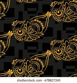Beautiful colorful rooster. Endless pattern. Background Fantastic Beasts.