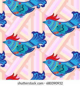 Beautiful colorful rooster. Endless pattern. Background Fantastic Beasts.