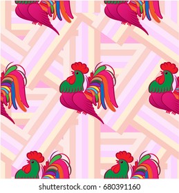 Beautiful colorful rooster. Endless pattern. Background Fantastic Beasts.