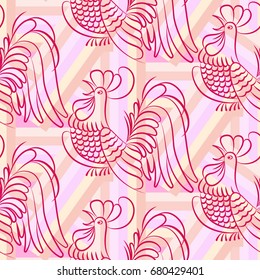 Beautiful colorful rooster. Endless pattern. Background Fantastic Beasts.