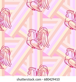 Beautiful colorful rooster. Endless pattern. Background Fantastic Beasts.