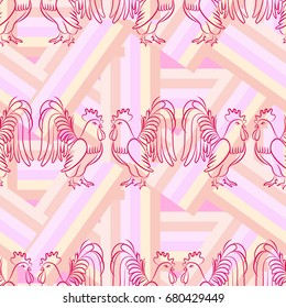 Beautiful colorful rooster. Endless pattern. Background Fantastic Beasts.