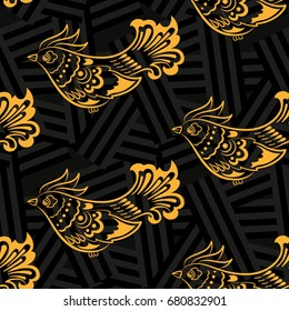 Beautiful colorful rooster. Endless pattern. Background Fantastic Beasts.