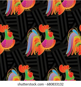 Beautiful colorful rooster. Endless pattern. Background Fantastic Beasts.