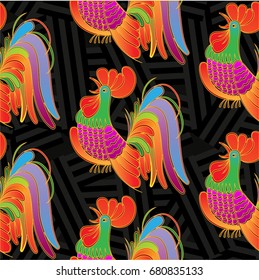 Beautiful colorful rooster. Endless pattern. Background 