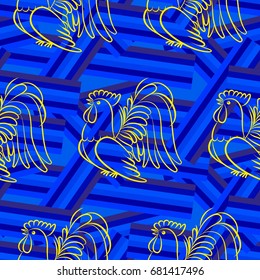 Beautiful colorful rooster. Endless pattern. Background Fantastic Beasts.