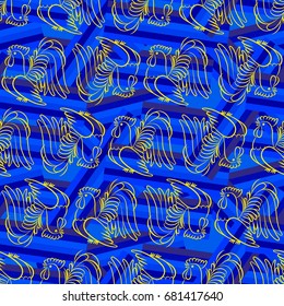 Beautiful colorful rooster. Endless pattern. Background Fantastic Beasts.