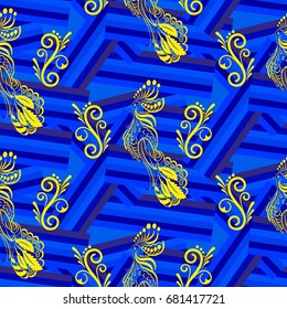 Beautiful colorful rooster. Endless pattern. Background Fantastic Beasts.